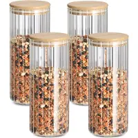 Zeller Voorraad/bewaar pot Grooves - 4x - hard glas - transparant - 1100 ml - bamboe deksel - luchtdicht