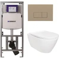 Geberit QeramiQ Salina Toiletset - rimless - inbouwreservoir - diepspoel wandcloset - softclose - quickrelease - bedieningspaneel met bedieningsplaat taupe - rechthoekige knoppen - glans wit