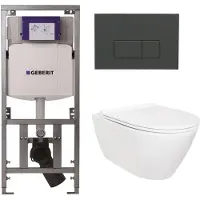 Geberit QeramiQ Salina Toiletset - rimless - inbouwreservoir - diepspoel wandcloset - softclose - quickrelease - bedieningspaneel - met bedieningsplaat antraciet mat - rechthoekige knoppen - wit glans