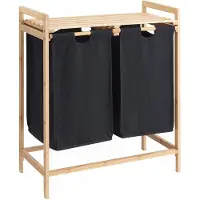 Acaza Wasmand met 2 uitschuifbare waszakken - Wassorteerder - 44 liter - bamboe - 64.5x73.5x33 cm - Zwart