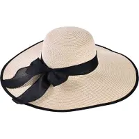Decopatent - Zonnehoed Dames - Met Elegante Zwarte Strik - Zomerhoed - Strohoed UV - Strandhoed Hoofddeksel met Brede rand - Hoed voor Volwassenen - Kleur: Naturel