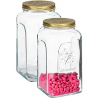 Pasabahce Voorraadpot/bewaarpot Square - 2x - glas - 3L - transparant/goud - 13 x 25 cm - luchtdicht - voedsel bewaren