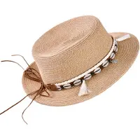 Decopatent - Zonnehoed Dames Rond - Schelpen en Bedels Zomerhoed - Strohoed UV - Ø58 cm - Strandhoed Hoofddeksel Rond - Hoed voor Volwassenen - Kleur: Naturel