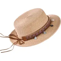 Decopatent - Zonnehoed Dames Rond - Bedels en Sierrand Zomerhoed - Strohoed UV - Ø58 cm - Strandhoed Hoofddeksel Rond - Hoed voor Volwassenen - Kleur: Naturel