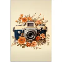 PosterMonkey Poster 20x30 cm - Vintage - Camera - Bloemen - Beige - Oranje - Posters - Kamer decoratie - Wanddecoratie woonkamer - Muurdecoratie slaapkamer