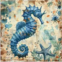 PosterMonkey Poster 30x30 cm - Vintage - Zeedieren - Zeepaardje - Watercolor - Blauw - Posters - Wanddecoratie badkamer - Muurdecoratie WC - Decoratieve accessoires - Toilet muur decoratie