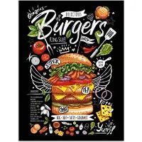 PosterMonkey Poster 30x40 cm - Hamburger - Menu - Kleurrijk - Doodle - Tekstbord - Posters - Wanddecoratie keuken - Muurdecoratie woonkamer - Decoratieve accessoires - Kamer muur decoratie