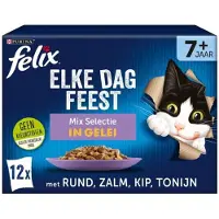 Felix 2x Elke Dag Feest 7+ Senior Mix Selectie - Kattenvoer Natvoer - Zalm tonijn Kip & Rund - 12 x 85 g