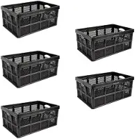 Merkloos Inklapbaar Vouwkrat van Plastic - 32 Liter - opbergkrat zonder deksel - Zwart - Set van 5 - Vouwbox - 48x35x24cm - Twee