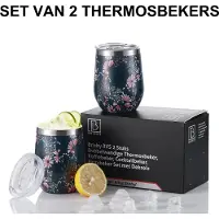 Brisby RVS 2 Stuks Dubbelwandige Design Thermosbeker, Partybeker Set met Deksels – Japanese Flower