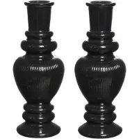 Ideas 4 Seasons Kaarsen kandelaar Venice - 2x - gekleurd glas - ribbel zwart - D5,7 x H15 cm