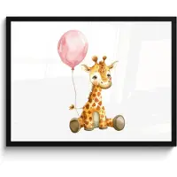 PosterMonkey Poster in lijst - Fotolijst 80x60 cm - Posters - Giraf - Baby - Dieren - Roze ballon - Posterlijst zwart - Kamer decoratie - Wanddecoratie kinderkamer - Muurdecoratie babykamer