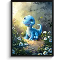 PosterMonkey Poster in lijst - Fotolijst 60x80 cm - Posters - Dino - Blauw - Baby - Dinosaurus - Posterlijst zwart - Kamer decoratie - Wanddecoratie kinderkamer - Muurdecoratie babykamer