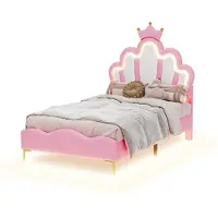 Merax Kinderbed 90x200 cm – Prinsessenbed met Verlichting – Roze Kunstleer