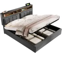Merax Gestoffeerd Bed met Verstelbaar Hoofdbord en USB C Oplaadfunctie - 140 x 200 cm - Grijs - Met Lattenbodem - Zonder Matras