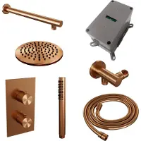 Brauer Carving Inbouwset Met 3-weg Thermostaat - Hoofddouche 20cm - Rechte Wandarm 40cm - Staafhanddouche - Wandaansluiting - Geborsteld Koper PVD - Kranen, Douchekranen, Douchesets, Inbouw