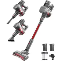 Auronic Steelstofzuiger - Draadloos - Zonder Zak - Op Accu - Zelfstaand - 220W - Extra Batterij - Stofzuiger - Grijs/Rood