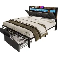 Merax gestoffeerd bed 160x200 cm – Luxe bed met USB-C oplaadfunctie, opberg-hoofdbord, LED-verlichting, lades en lattenbodem – Grijs