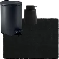 MSV badkamer droogloop tapijt langharig 50x70 cm - pedaalemmer 3L - zeeppompje 300 ml - zwart - Badmatjes
