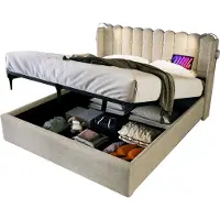 Merax Gestoffeerd Tweepersoonsbed 140x200 cm met Matras - Bedframe met Leeslamp en USB Aansluiting - Bed met Hydraulische Opbergruimte en Lattenbodem - Beige