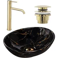 REA Wastafel Sofia Black Marble + Kraan Lungo Gold High + Universele Plug Gold