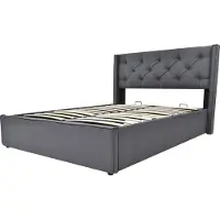 Merax Gestoffeerd Bed 140x200 cm – Hydraulisch Bed met Opbergruimte en Houten Lattenbodem – Modern Bed met Metalen Frame – Grijs – Zonder Matras