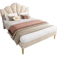 Merax Gestoffeerd Tweepersoonsbed van Fluweel 140x200 cm - Bed met Schelpvormig Verstelbaar Hoofdbord met Gouden IJzeren Poten - Beige
