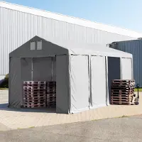 TOOLPORT Opslagtent 4x8m met ritssluitingen - 3,0m zijwandhoogte, PVC 850, met grondframe, grijs, zonder statica (zekerheidspluspakket)