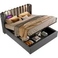 Merax Gestoffeerd Tweepersoonsbed 140x200 cm Inclusief 7-Zone Koudschuim Matras - Luxe Bed met Leeslamp en Hoofdbord met Opbergruimte - Grijs