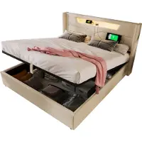 Merax Gestoffeerd Tweepersoonsbed 140x200 cm Inclusief Koudschuim Matras - Bed met USB-C en LED-Verlichting - Hydraulisch Opbergruimte - Beige