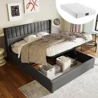 Merax Gestoffeerd Tweepersoonsbed 140x200 cm Inclusief Koudschuim Matras - Bed met Hydraulische Opbergruimte - Grijs Linnen
