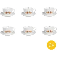 Clayre & Eef Kop en Schotel set van 6 stuks Schotel 250 ml Wit Bruin Porselein
