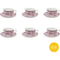 Clayre & Eef Kop en schotel set van 6 stuks schotel 250 ml Roze Porselein Servies