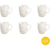 Clayre & Eef Mok set van 6 stuks 350 ml Wit Porselein Bloemen Drinkbeker