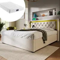 Merax Gestoffeerd Tweepersoonsbed 160x200 cm met Koudschuim Matras - Bed met Opbergruimte en USB Type-C Aansluiting - Beige