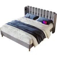 Merax Gestoffeerd Tweepersoonsbed Inclusief Koudschuim Matras en USB Type-C Oplaadfunctie - 160x200 cm Bedframe met Lattenbodem - Grijs