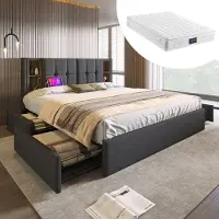 Merax Gestoffeerd Tweepersoonsbed 160x200cm Inclusief Koudschuim Matras - Bed met Draadloos Oplaadfunctie en USB-C Aansluiting - Bedframe met 4 Lades - Grijs