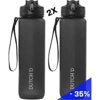 Dutch'd - 1 Liter - DEAL! Set van 2 stuks - Waterfles met rietje - Drinkfles - Zwart - Tritan - BPA Vrij - Rietje - Lek Vrij - Drinkfles Volwassenen en Kinderen