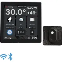 Shelly Wandscherm Zwart + BLU H&T Zwart Een slim bedieningspaneel met geïntegreerde 5 A schakelaar en kleurendisplay + Blu H&T