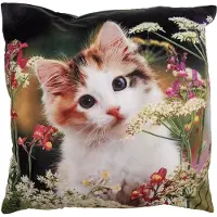 Clayre & Eef Kussenhoes 45x45 cm Groen Beige Polyester Kat Sierkussenhoes Groen Sierkussenhoes