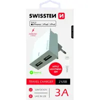 Swissten USB Oplader met 2 USB poorten - 15W - Inclusief MFI gecertificeerde 1.2M Lightning naar USB-kabel - Geschikt voor iPhone 7/8/X/11/12/13/14 - Wit