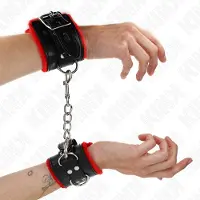 KINK - Fur Lined Wrist Restraints With Square Holes Red And Black Belt Adjustable 17-29 Cm X 6 Cm