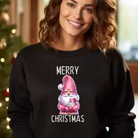 B&C Dames kersttrui- Merry Christmas Gnoom roze- zwarte sweater- maat M- Foute kersttrui dames.