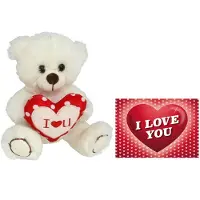 Gerimport Pluche knuffelbeer met I Love hartje - wit/rood - 20 cm - inc. wenskaart - Knuffelberen