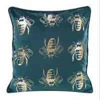 Eurofirany Turquoise Fluweel Kussenhoes met Gouden Bij 45x45 cm