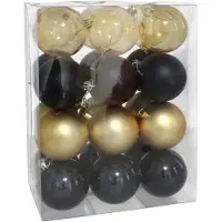Gerimport kerstballen - 24x st- 7 cm - zwart/goud - kunststof - Kerstbal