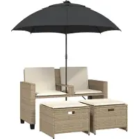 vidaXL Tuinbank 2-zits met parasol en voetenbanken poly rattan beige