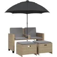 vidaXL Tuinbank 2-zits met parasol en voetenbanken poly rattan beige