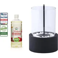 Fancy flames Bioethanol sfeerhaard zwart rond glas 27x16cm met decoratiestenen + 1 liter KieselGreen Bioethanol premium Kerstgeur