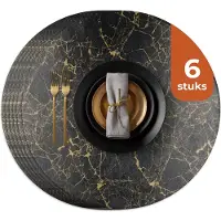 Castagnola Lederlook Placemats - Ronde Placemats - Antislip Placemat van Kunstleer - Waterafstotende Onderlegger - Onderzetter - 6 Stuks - Diameter 38 cm - Zwart/Goud